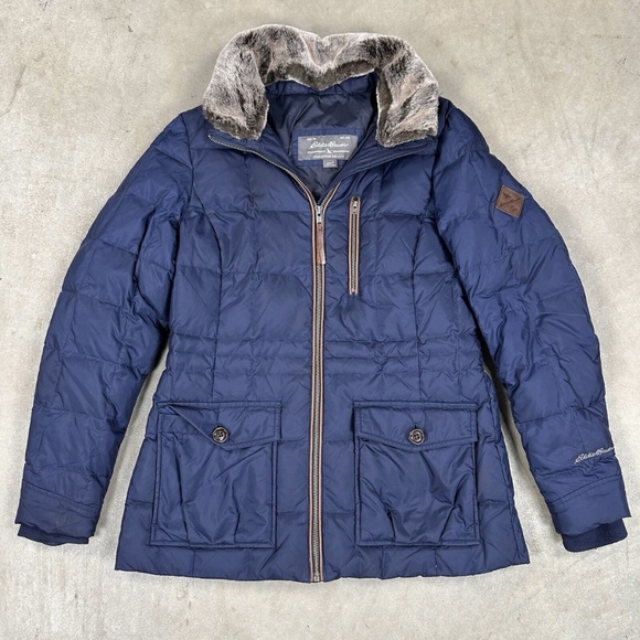 Eddie Bauer Blue Down Puffer Parka Jacket with Faux Fur Trim - Picture 1 of 14
